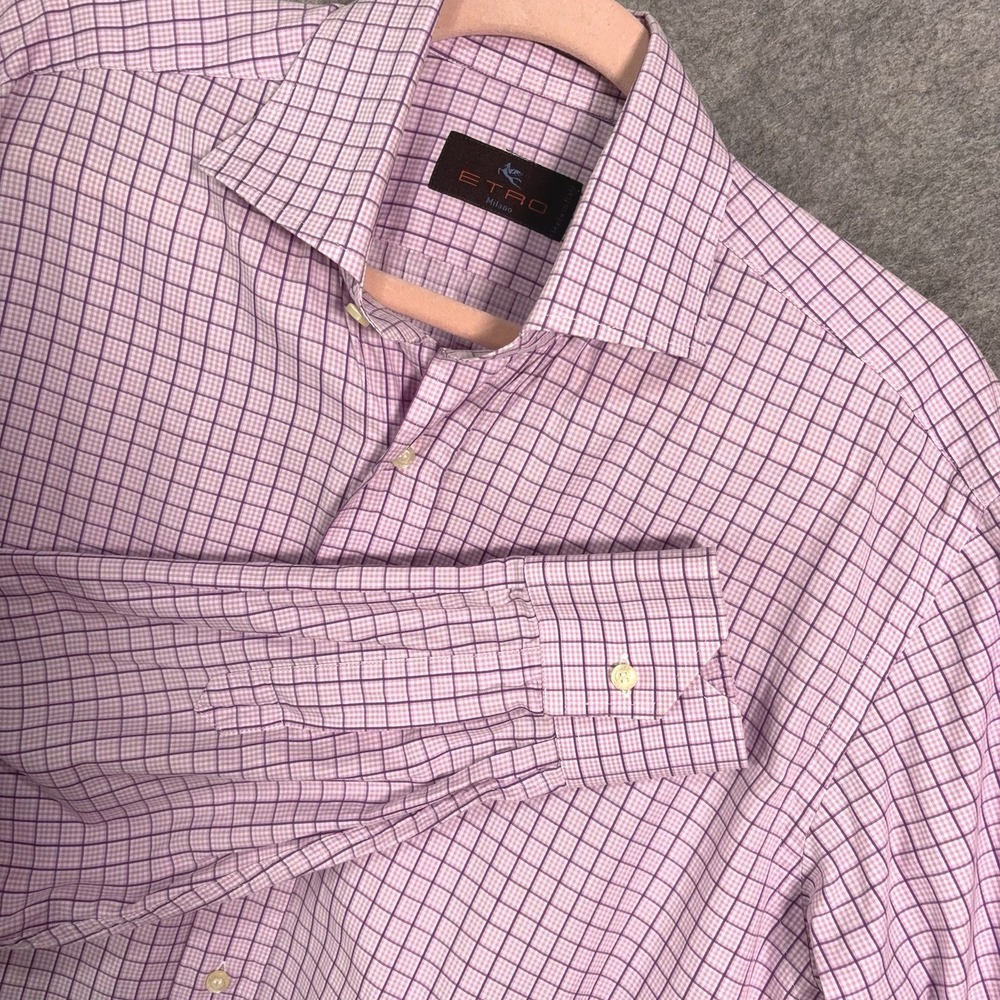 Etro‎ Button Up Shirt Mens Sz 39 (44" Chest) Pink Purple Check Plaid